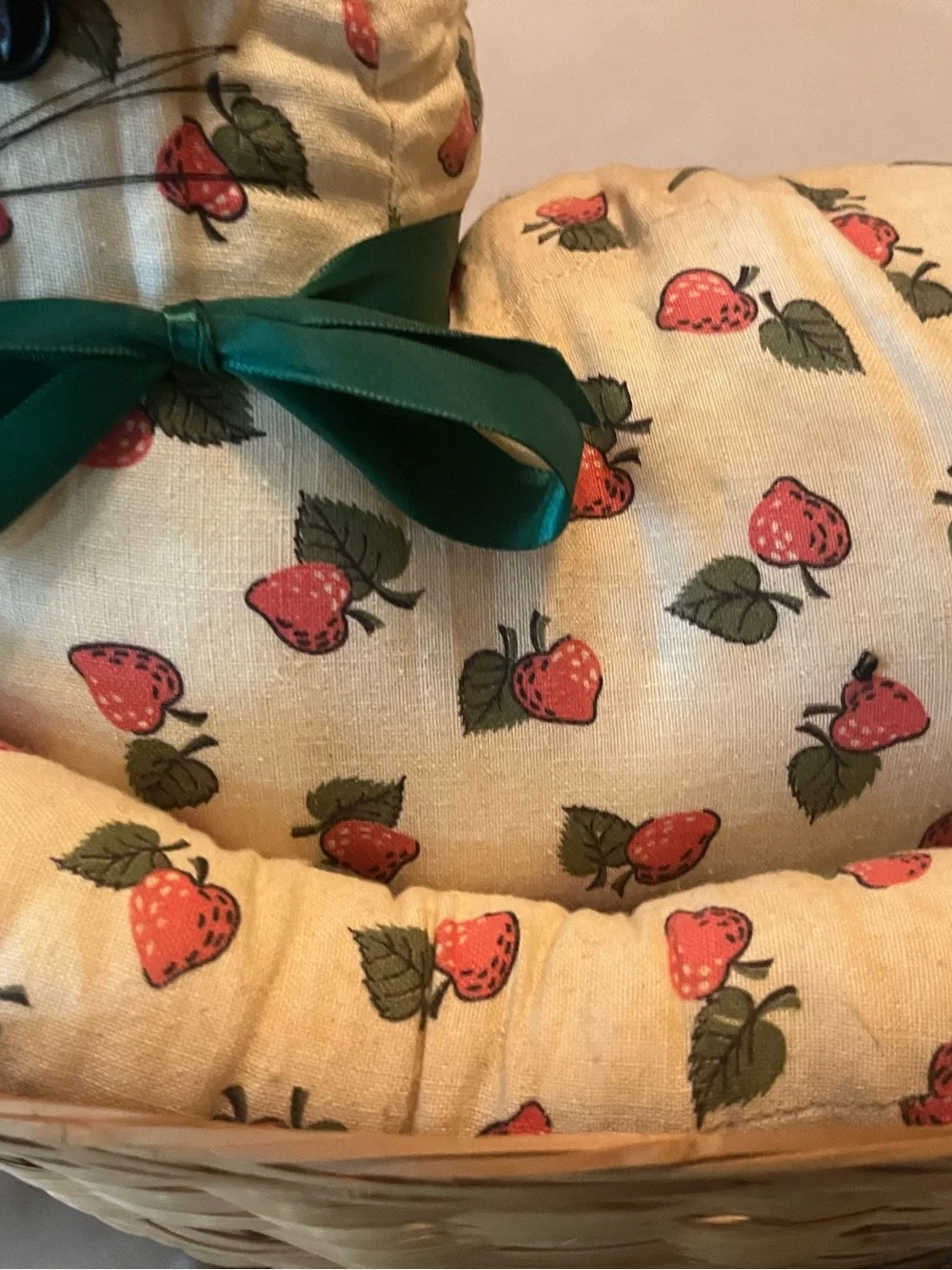 Handmade Plush Strawberry Cat Cream with Red Strawberries in basket